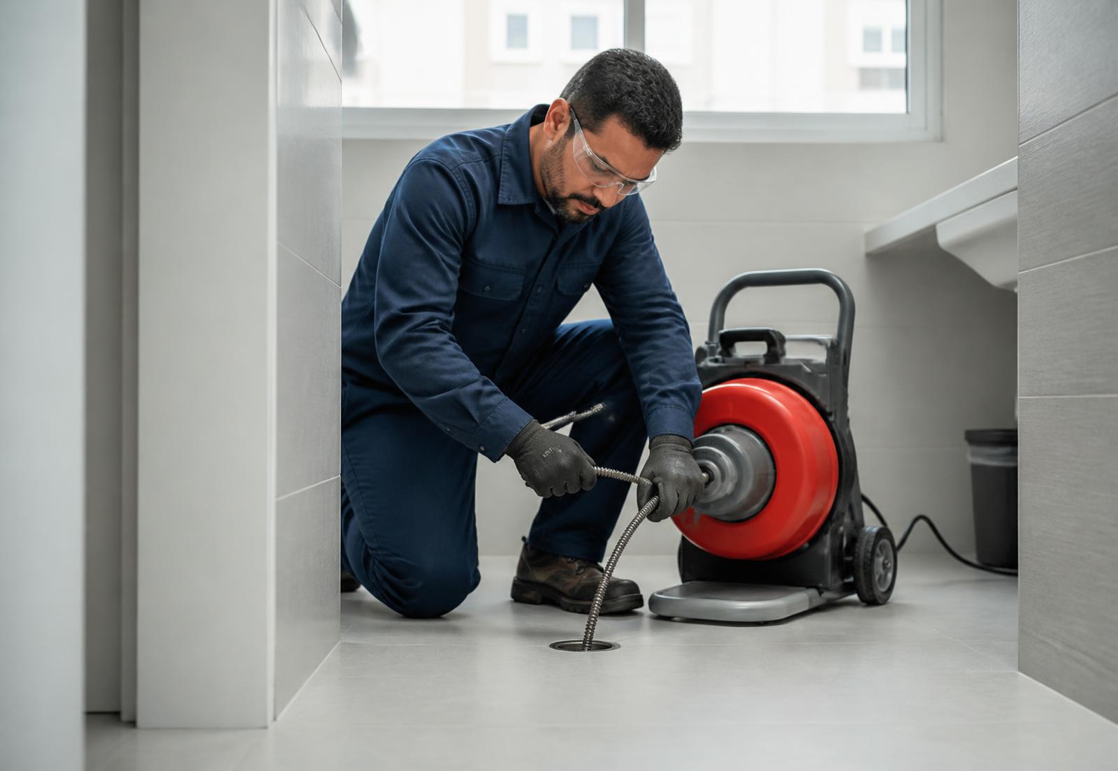 Técnico de desentupimento utilizando equipamento profissional em ralo de um imóvel em Belo Horizonte